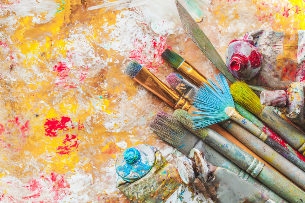Paint brushes and palette