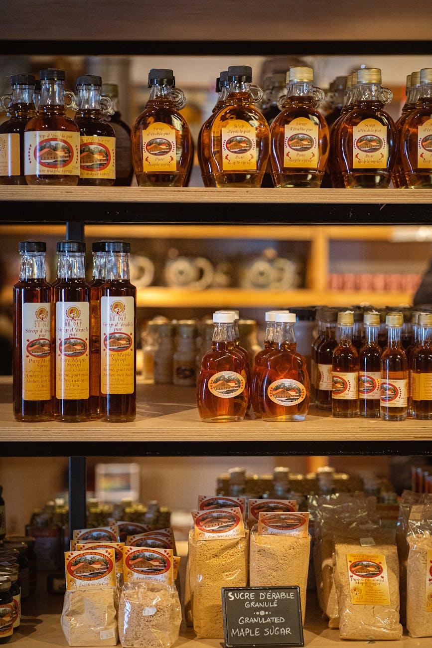 Shelves of maple syrup in bottles