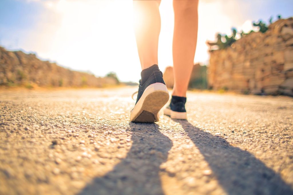 Close up of a person's feet walking on a path