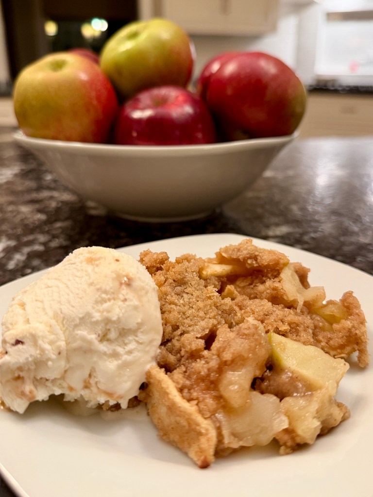 Apple crisp with a scoop of vanilla ice cream on a small plate. A bowl of apples is in the background.